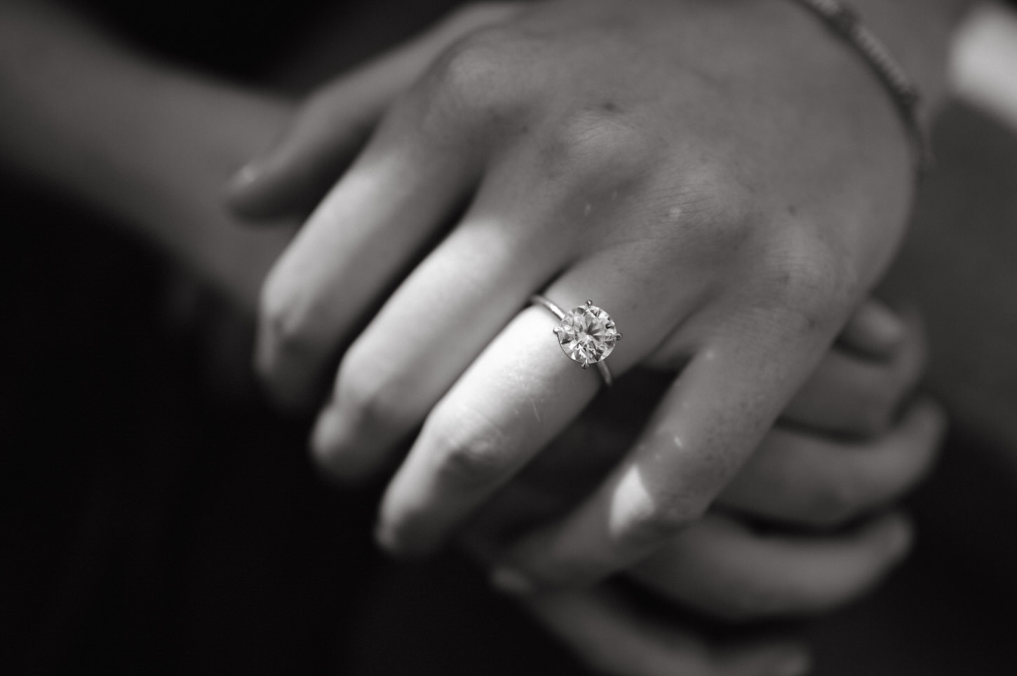 Black and white, timeless image of the fiancée's hand, wearing an engagement ring, captured by Jenny Fu Studio