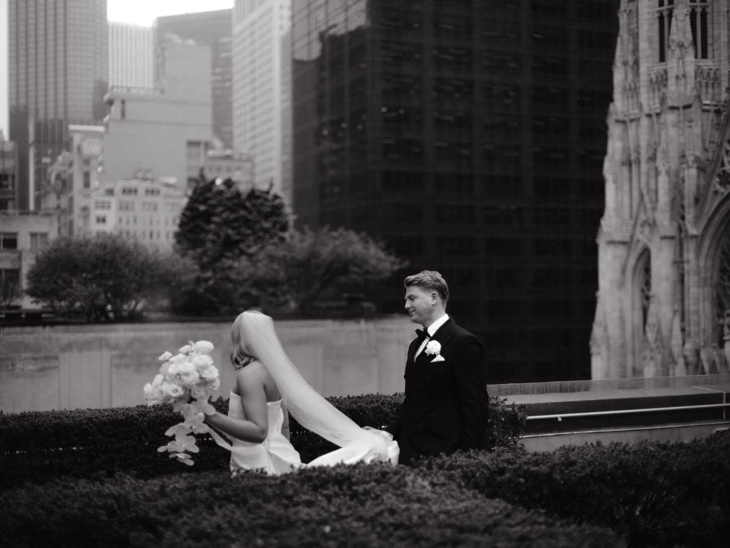 Black and white image of the bride and groom at 620 Loft and Garden, NYC, captured by Jenny Fu Studio.