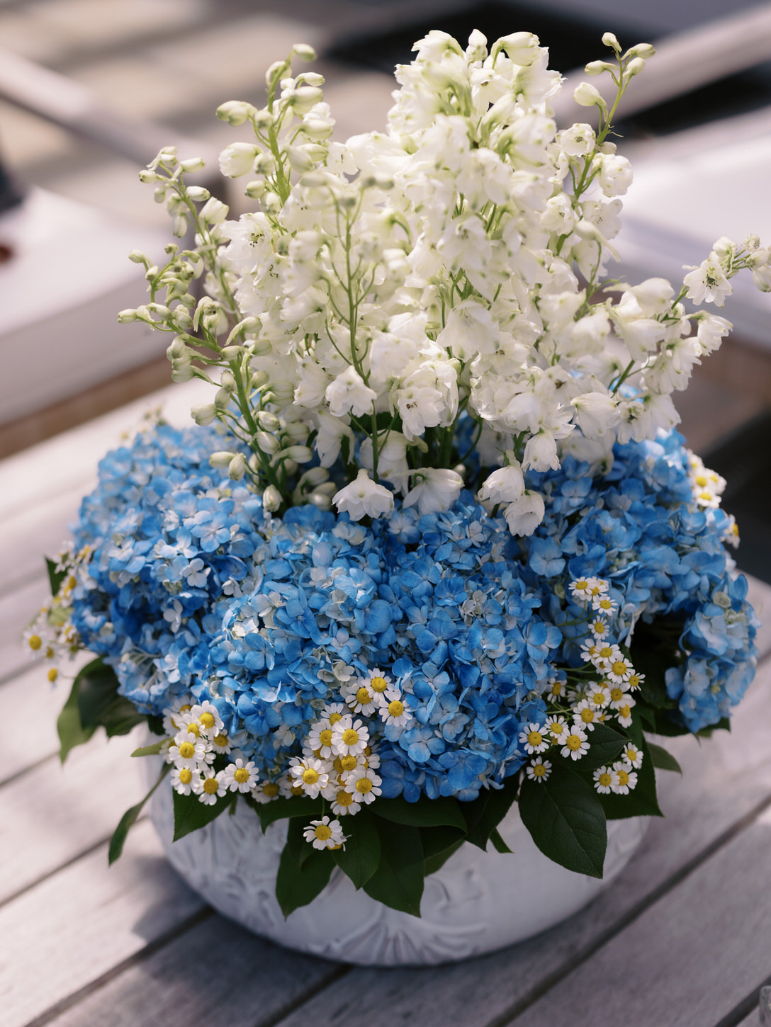 Beautiful powder blue and white flowers  perfectly captured for a wedding shower photo shoot by Jenny Fu Studio.