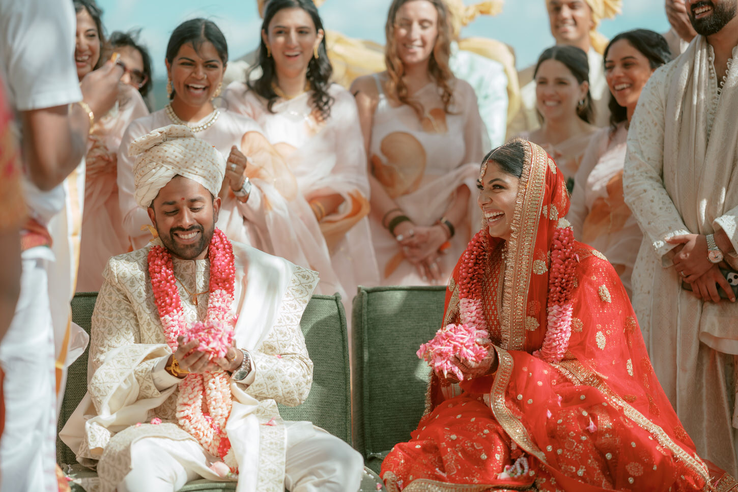 The bride and groom are enjoying their Indian wedding ceremony, captured in Fine art wedding photography by Jenny Fu Studio.